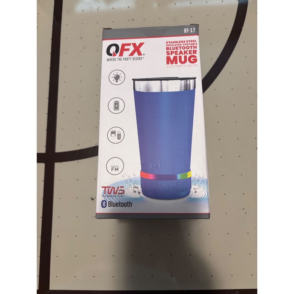 QFX BT-17 Blue Stainless Steel Insulated Bluetooth Speaker Mug LED Party Lights